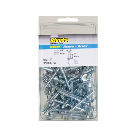Surebonder Blind Rivet, 1/4 in Dia., 3/8 in L, Steel Body, 100 PK FPC86S-100